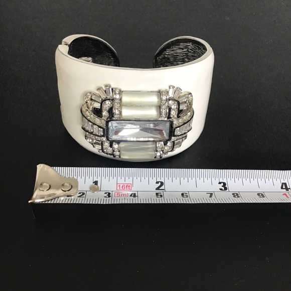 Kenneth Jay Lane White Enamel Art Deco Cuff hinged bracelet with clear crystals - Picture 8 of 10